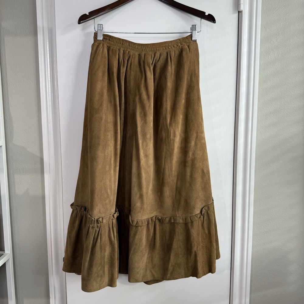 Vintage Sakowitz M Brown Suede Leather Tiered Prairie Midi Skirt 1980‎ Western